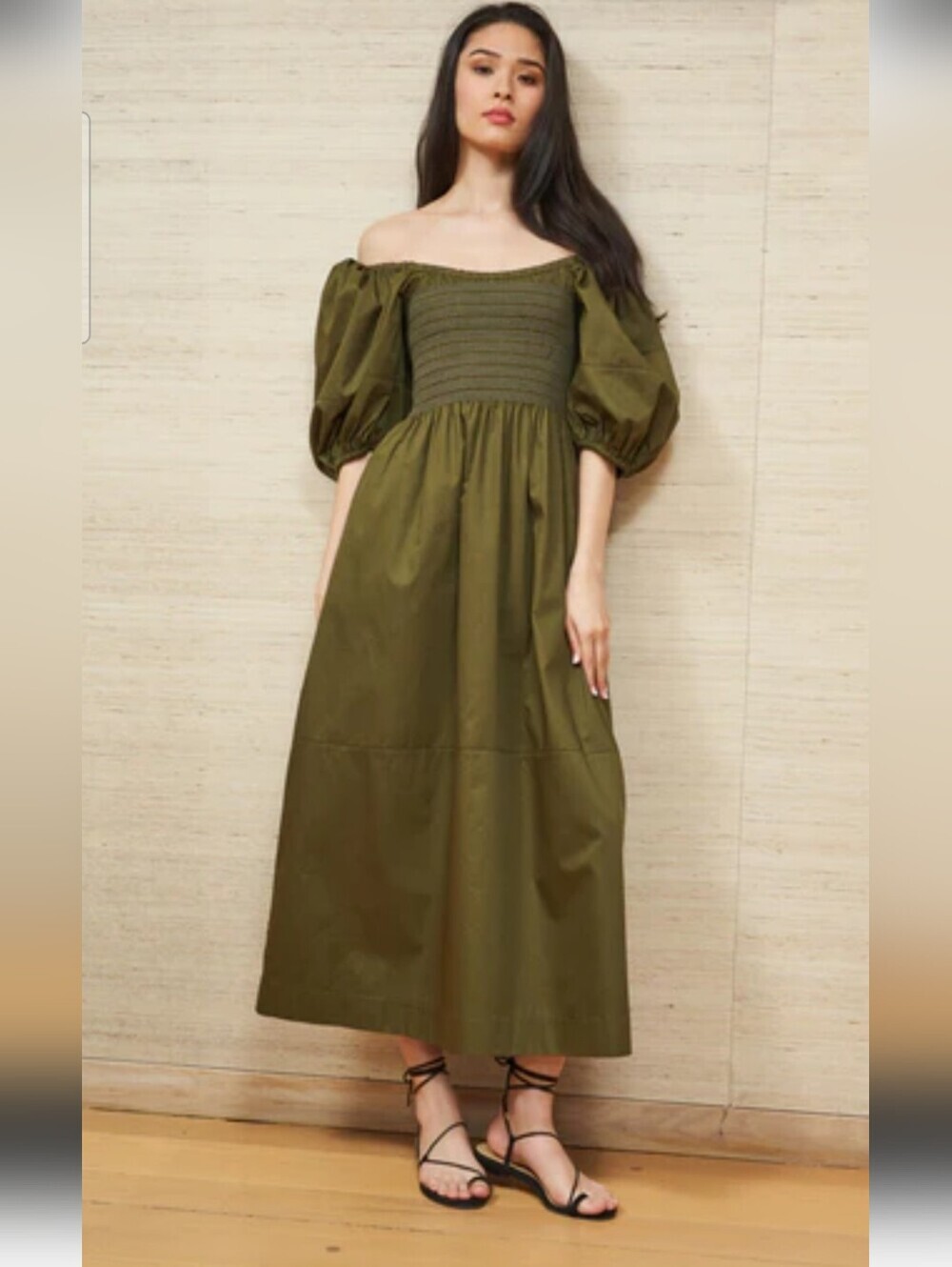 La Ligne Daisy Dress Olive Green Smocked Puff Sleeve Midi Dress XS